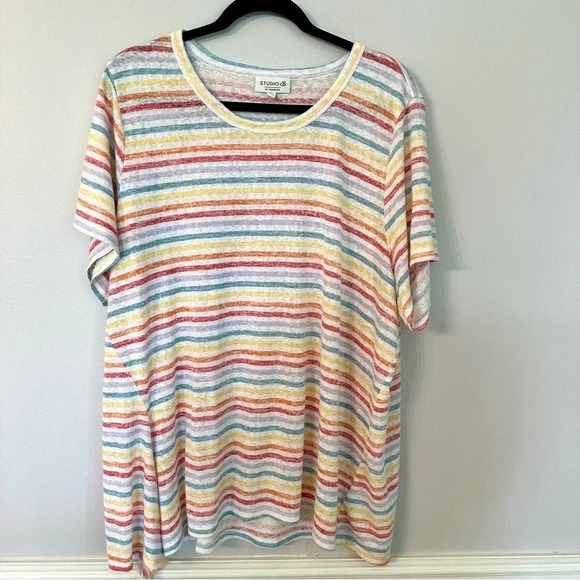 Studio B By Bobeau Women's Short Sleeve Crew Neck Multicolored Stripe Sz 3X GUC - Picture 2 of 7